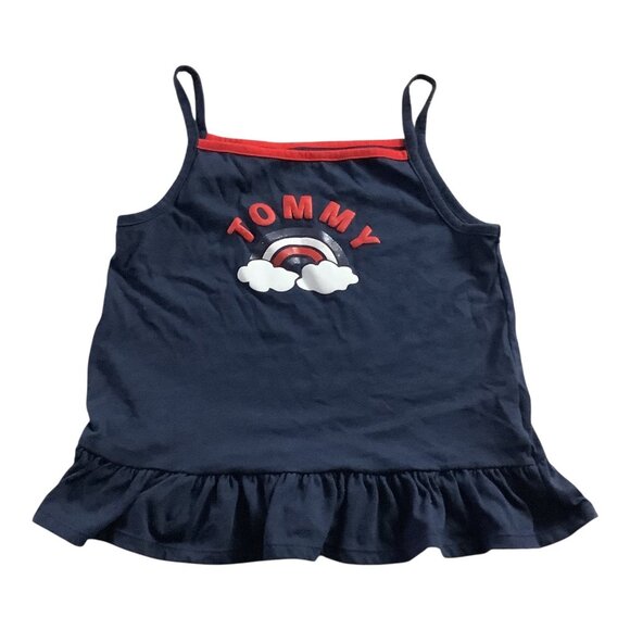 Tommy Hilfiger Girls Navy Tank Top With Ruffled Hem Size 8-10 Rainbow Print - Picture 1 of 11